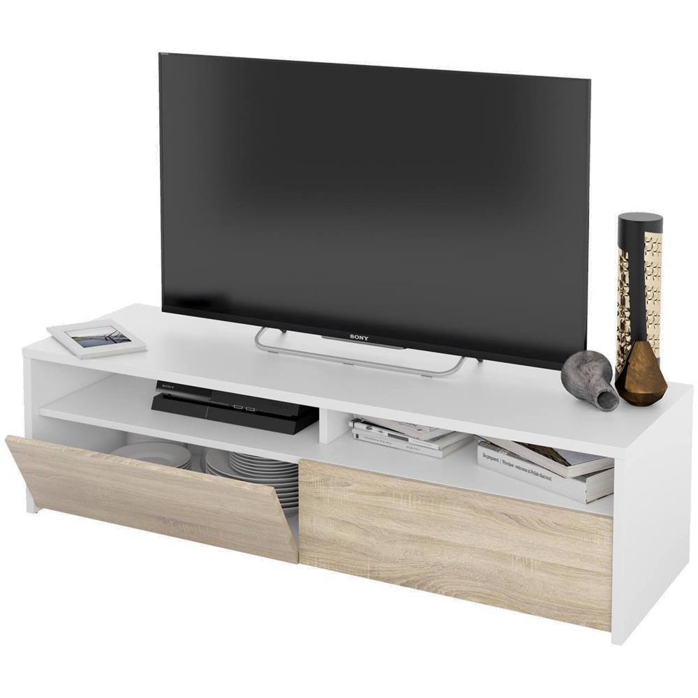 Mobile Porta Tv Henderson, Credenza Per Televisione Da Soggiorno Con 2 Ante, Supporto Tv, Buffet Moderno Basso Da Salotto, 130x40h36 Cm, Bianco Lucido - Foto 4