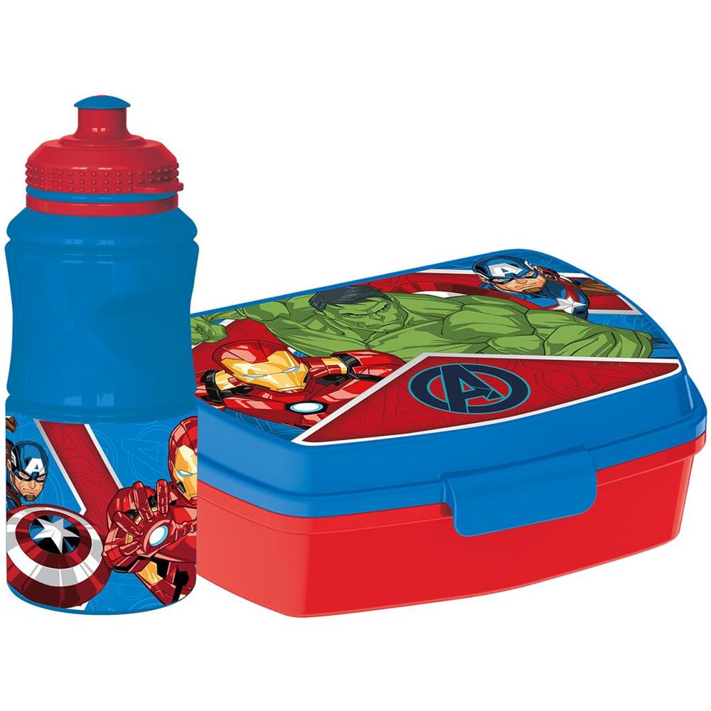 Set Borraccia Da 380 Ml E Sandwich Box Blu Per Bambini In Plastica Avengers Con Banda Antiscivolo E Chiusura Di Sicurezza - Foto 1