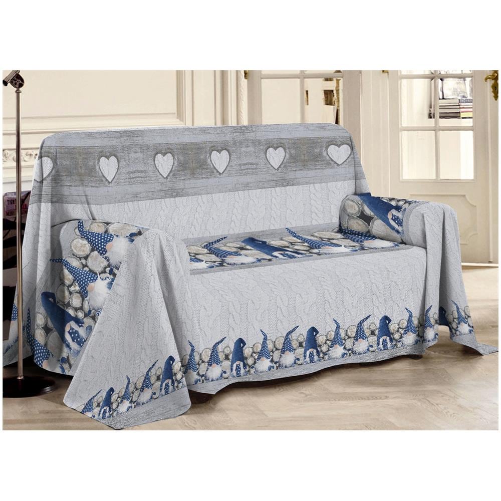 Telo Arredo Multiuso Linea Pensieri Delicati In 100% Cotone Disegno Gnomi Matrimoniale Blu - Foto 1