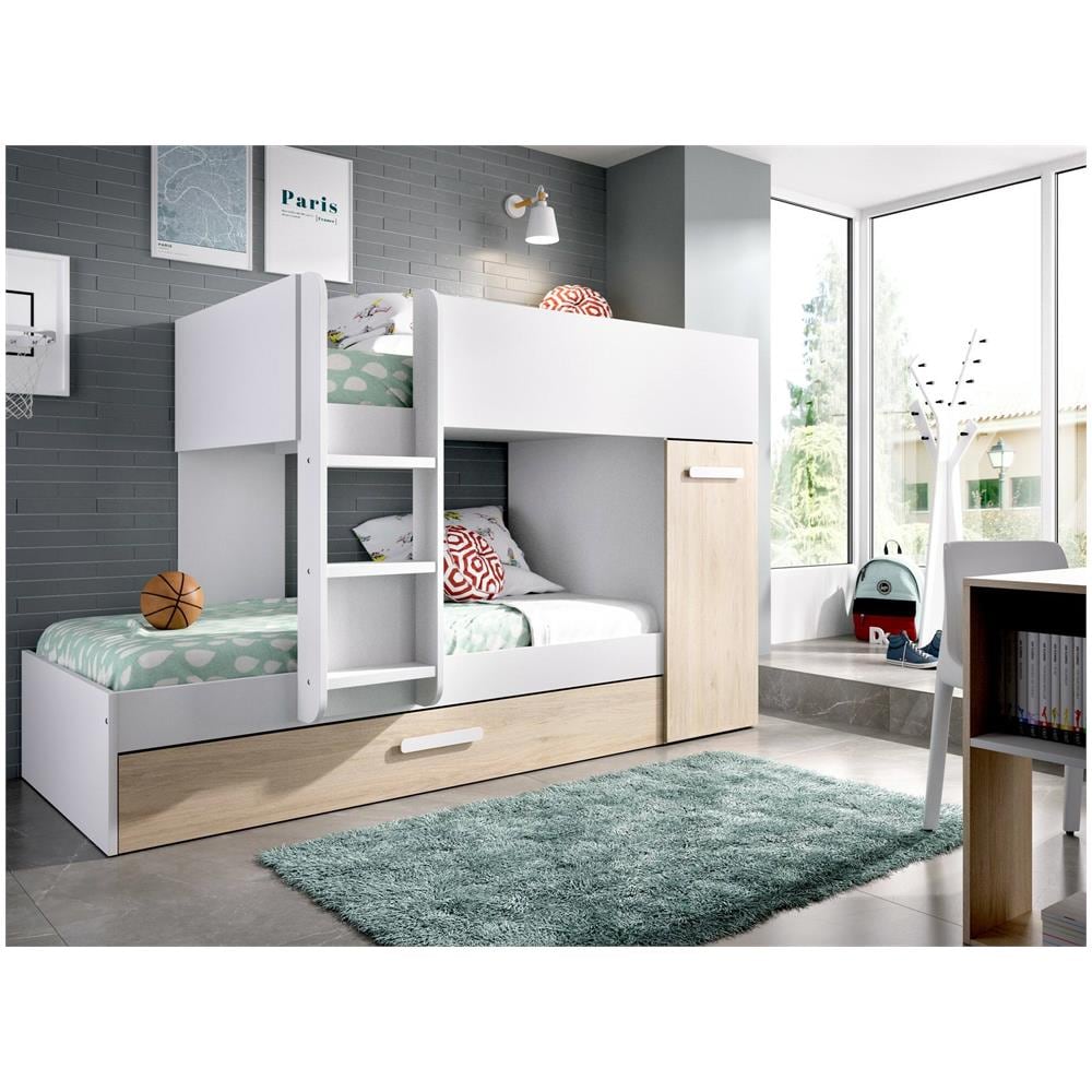 Letto Per Bambini Eiger, Cameretta Completa Con Armadio E Cassetto, Composizione Letto A Castello Con Due Lettini Singoli, 244x112h150 Cm, Rovere E Bianco - Foto 1