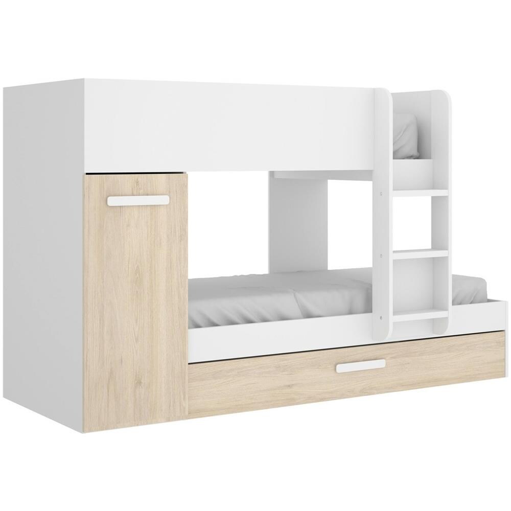 Letto Per Bambini Eiger, Cameretta Completa Con Armadio E Cassetto, Composizione Letto A Castello Con Due Lettini Singoli, 244x112h150 Cm, Rovere E Bianco - Foto 2