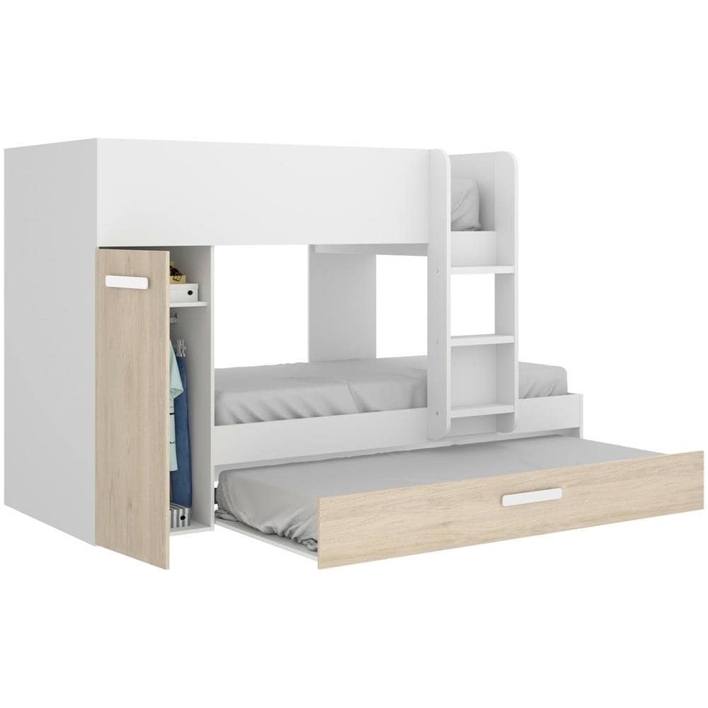 Letto Per Bambini Eiger, Cameretta Completa Con Armadio E Cassetto, Composizione Letto A Castello Con Due Lettini Singoli, 244x112h150 Cm, Rovere E Bianco - Foto 4