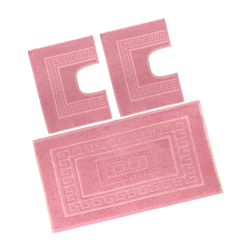 Tappeto Bagno Doccia Spugna Tinta Unita Torino Tappetino Super Assorbente In Cotone Pelo Corto Con Greca Parure 3 Pezzi Rosa - Foto 1