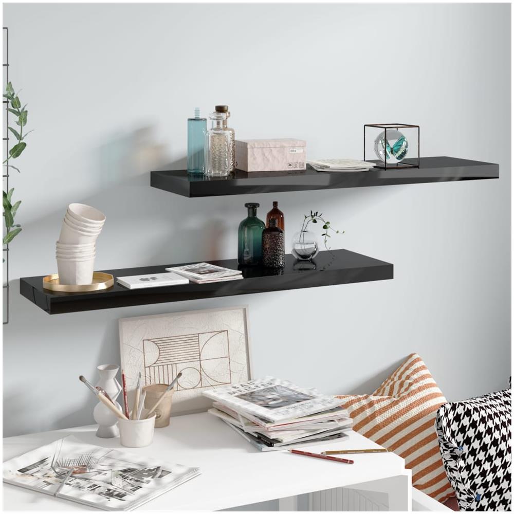 Scaffali A Parete 2 Pz Nero Lucido 90x23,5x3,8 Cm In Mdf - Foto 1