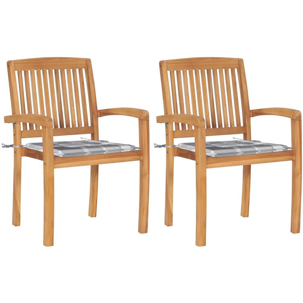 Sedie Giardino 2 pz con Cuscino Grigio a Quadri Legno di Teak - Foto 1