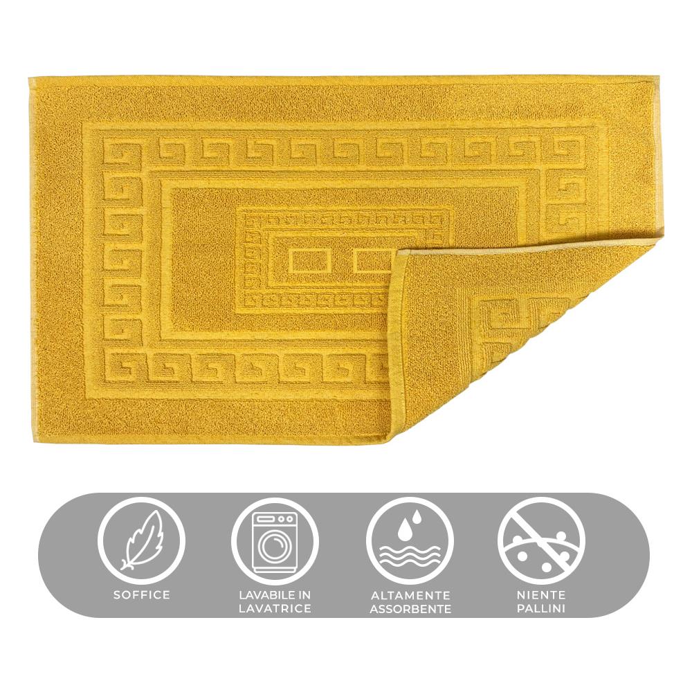 Tappeto Bagno Doccia Spugna Tinta Unita Torino Tappetino Super Assorbente In Cotone Pelo Corto Con Greca Parure 3 Pezzi Senape - Foto 2