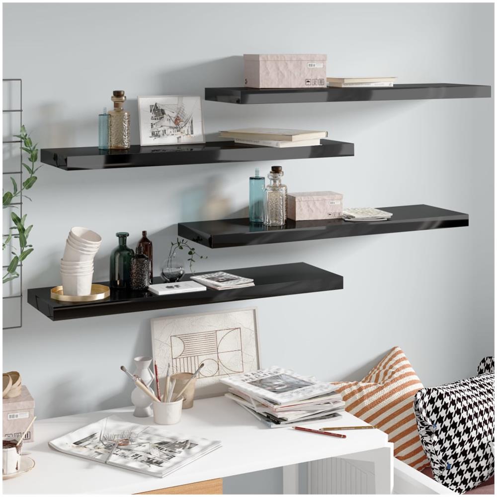 Scaffali A Parete 4 Pz Nero Lucido 90x23,5x3,8 Cm In Mdf - Foto 1