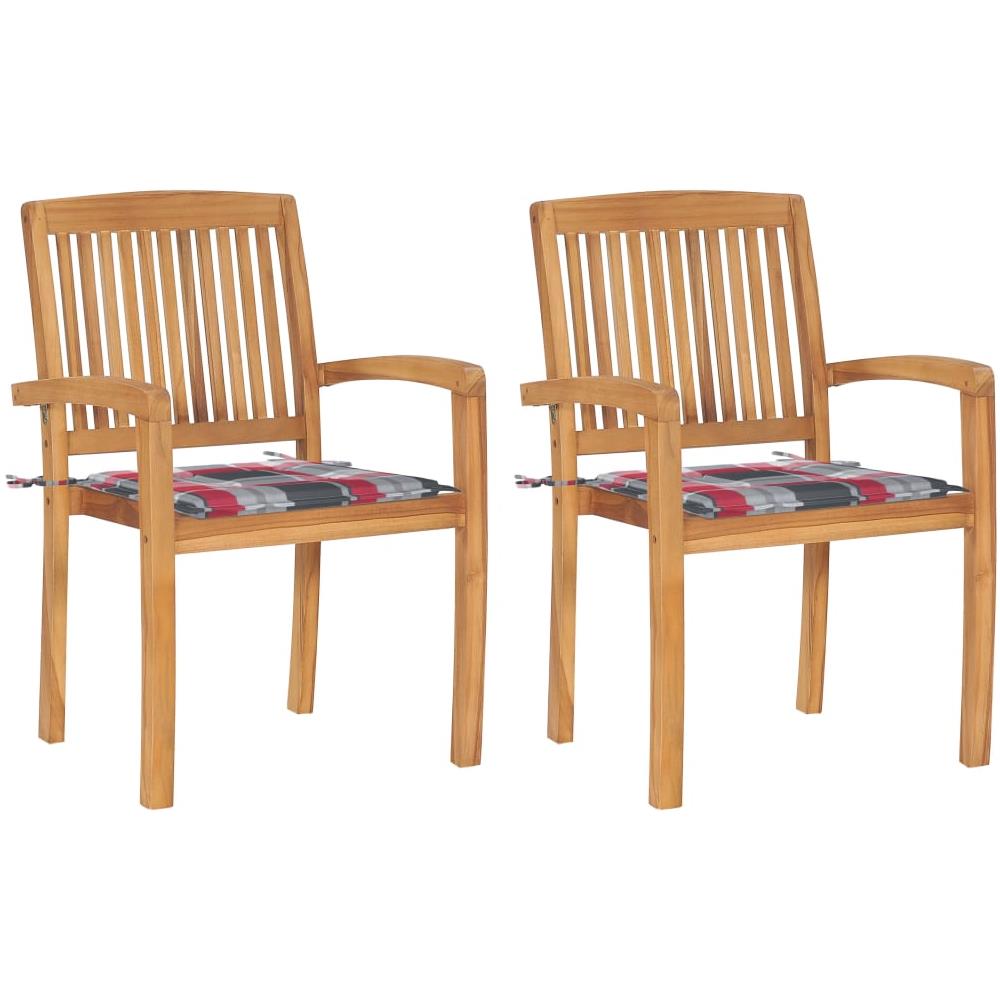 Sedie Giardino 2 pz con Cuscino Rosso a Quadri Massello di Teak - Foto 1