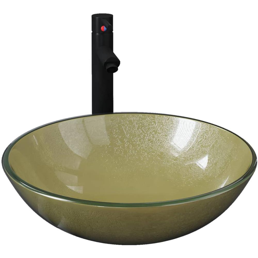 Lavandino Rubinetto e Piletta a Pressione Vetro Temperato Oro - Foto 2