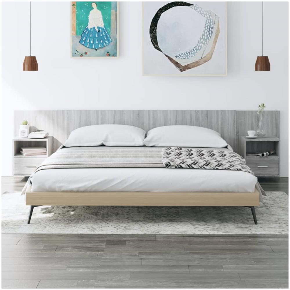 Testiera Letto Con Comodini In Legno Multistrato Grigio Sonoma - Foto 1