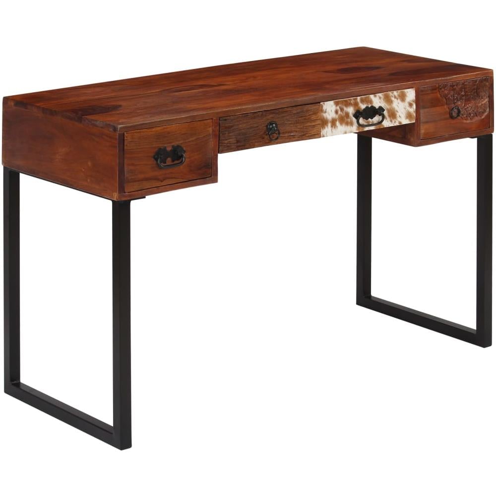 Scrivania Legno Massello di Sheesham e Vera Pelle 117x50x76 cm - Foto 1
