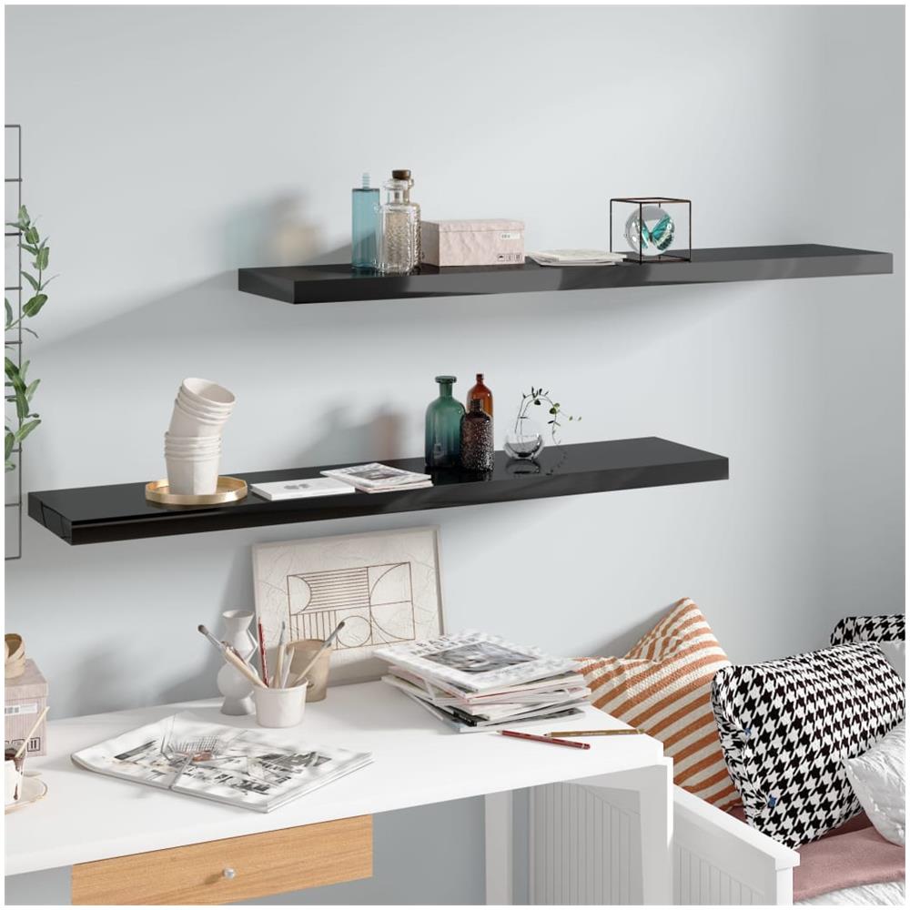 Scaffali A Parete 2 Pz Nero Lucido 120x23,5x3,8 Cm In Mdf - Foto 1