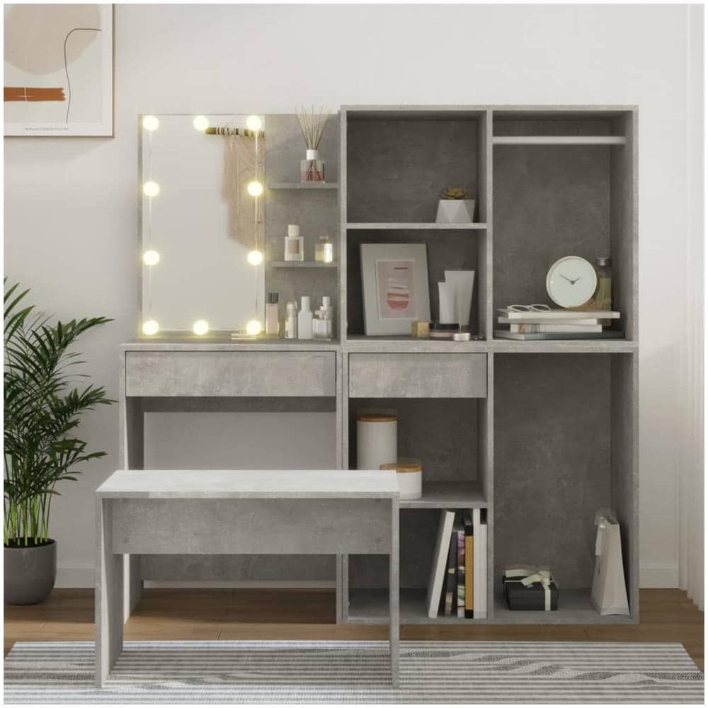 Set Tavolo Da Toeletta Grigio Cemento Con Led Legno Multistrato - Foto 1
