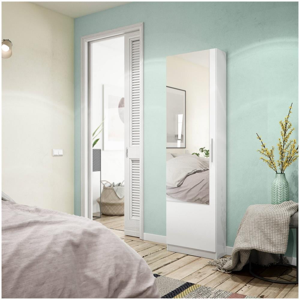 Scarpiera Eugene, Armadio Portascarpe Alta A 1 Anta, Mobile Portascarpe Moderno, Armadio Da Ingresso Con Specchio, 50x22h180 Cm, Bianco - Foto 1