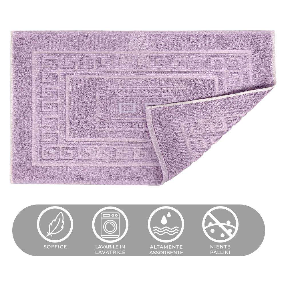 Tappeto Bagno Doccia Spugna Tinta Unita Torino Tappetino Super Assorbente In Cotone Pelo Corto Con Greca Parure 3 Pezzi Lilla - Foto 2
