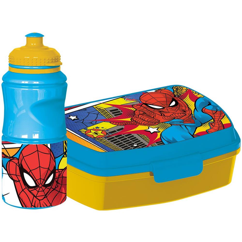 Set Borraccia Da 380 Ml E Sandwich Box Blu Per Bambini In Plastica Spiderman Con Banda Antiscivolo E Chiusura Di Sicurezza - Foto 1
