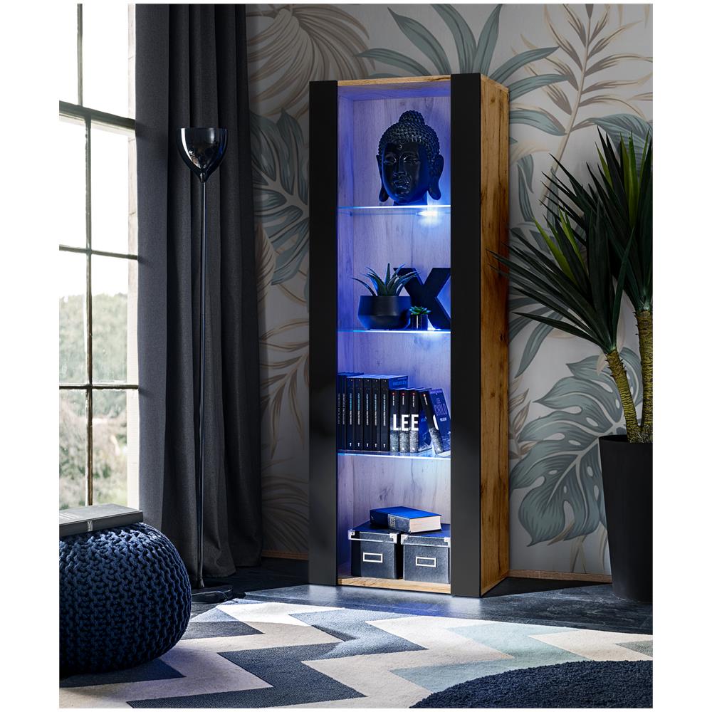 Komodee, Vetrina Tivoli, Wotan/nero, Larghezza 55 Cm X Altezza 159 Cm X Profondità 35 Cm, Led Blu, 3 Ripiani, Per Soggiorno, Camera Da Letto, Anticamera - Foto 1