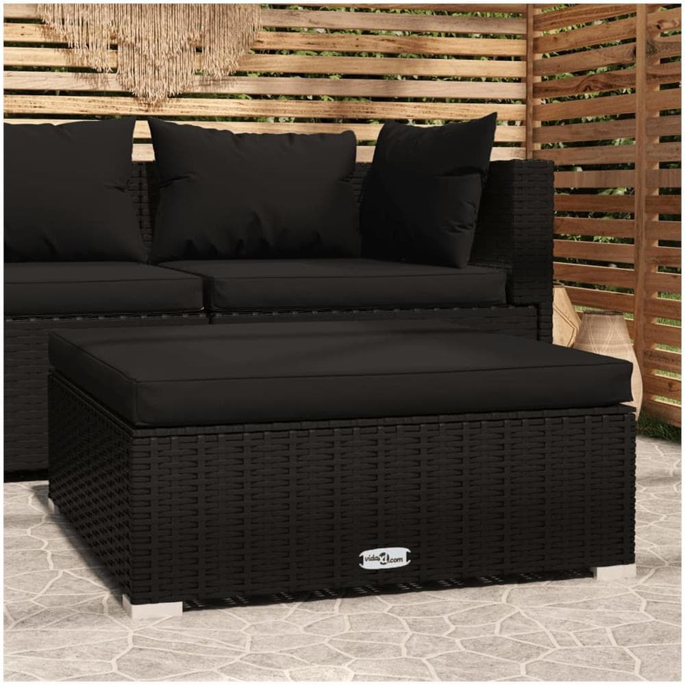 Poggiapiedi Da Giardino Con Cuscino Nero 70x70x30 Cm Polyrattan - Foto 1