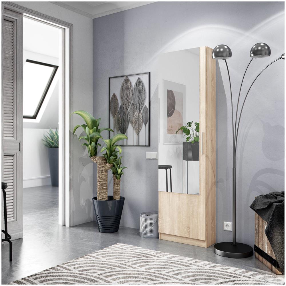 Scarpiera Eugene, Armadio Portascarpe Alta A 1 Anta, Mobile Portascarpe Moderno, Armadio Da Ingresso Con Specchio, 50x22h180 Cm, Rovere - Foto 1