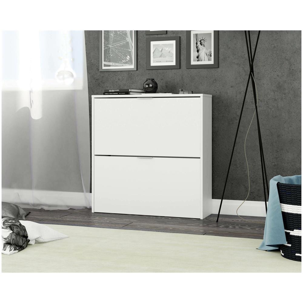 Scarpiera Louisville, Armadio Portascarpe A 2 Ante A Ribalta, Scarpiera Bassa Da Ingresso, Mobile Basso, 75x22h76 Cm, Bianco - Foto 1