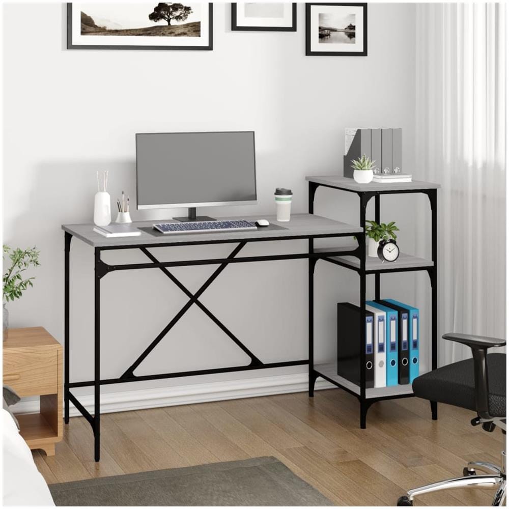 Scrivania Ripiani Grigio Sonoma 135x50x90cm Multistrato E Ferro - Foto 3