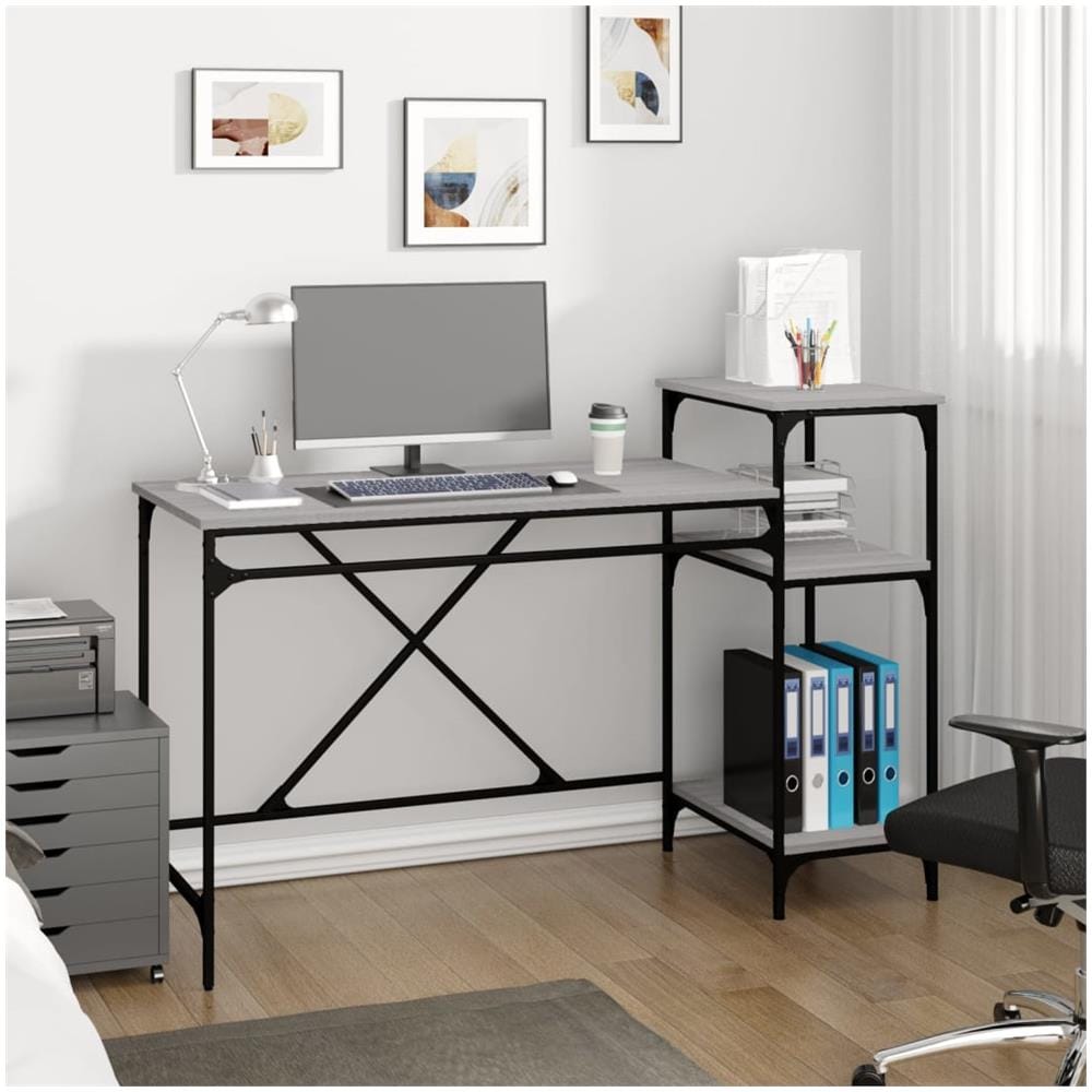 Scrivania Ripiani Grigio Sonoma 135x50x90cm Multistrato E Ferro - Foto 1
