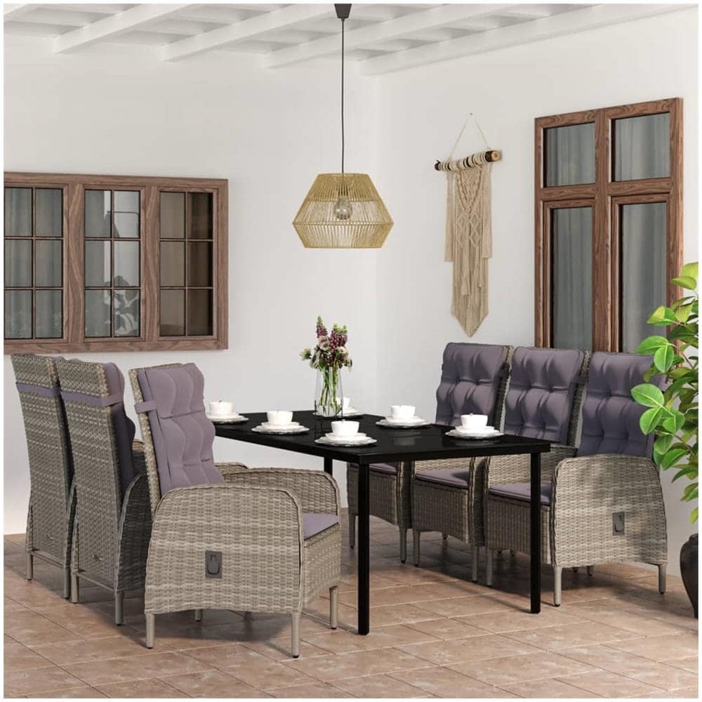 Set Da Pranzo Per Giardino 7 Pz Con Cuscini Grigio E Nero - Foto 1