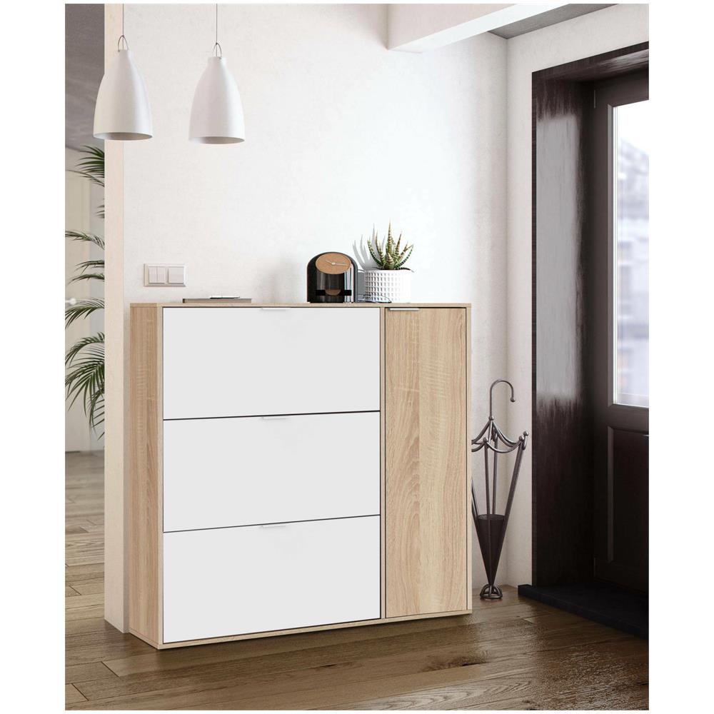 Scarpiera Provo, Armadio Portascarpe A 4 Ante, Mobile Basso Multiuso Con 5 Ripiani, Scarpiera Moderna, 106x22h115 Cm, Rovere E Bianco - Foto 1