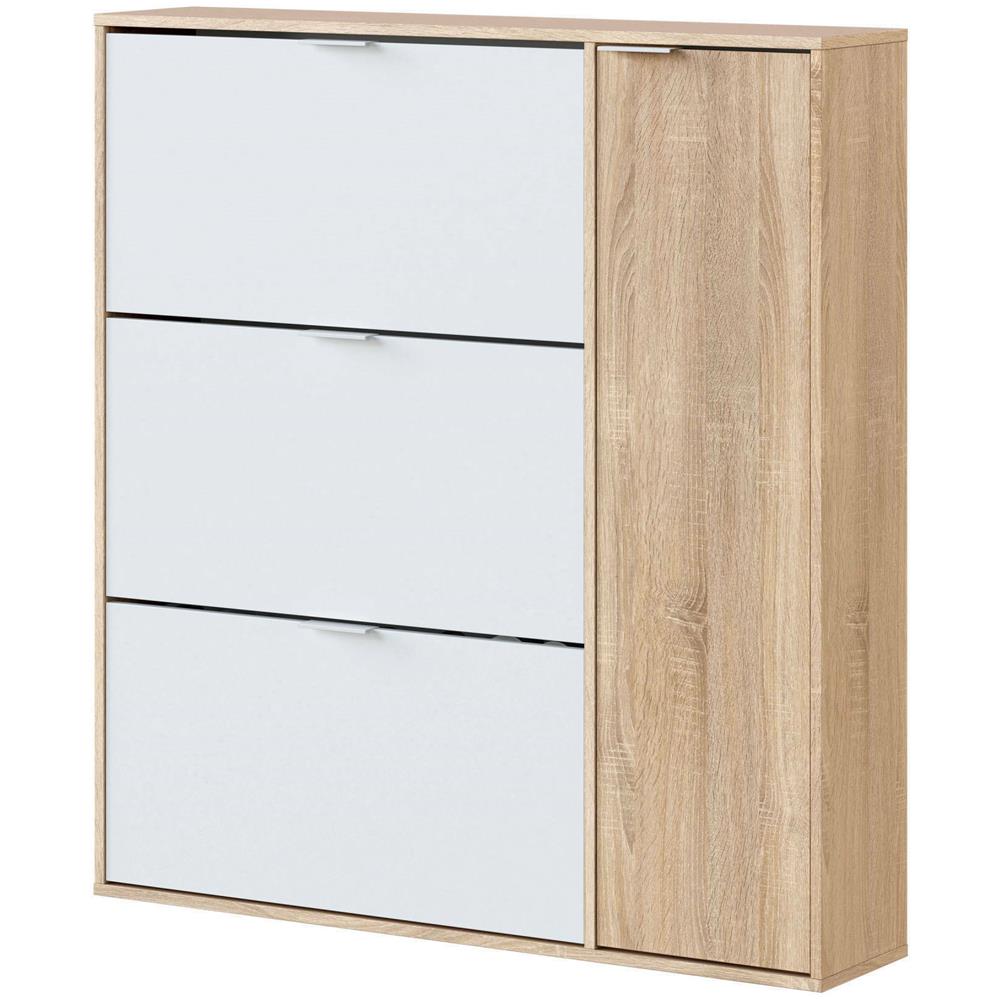 Scarpiera Provo, Armadio Portascarpe A 4 Ante, Mobile Basso Multiuso Con 5 Ripiani, Scarpiera Moderna, 106x22h115 Cm, Rovere E Bianco - Foto 2