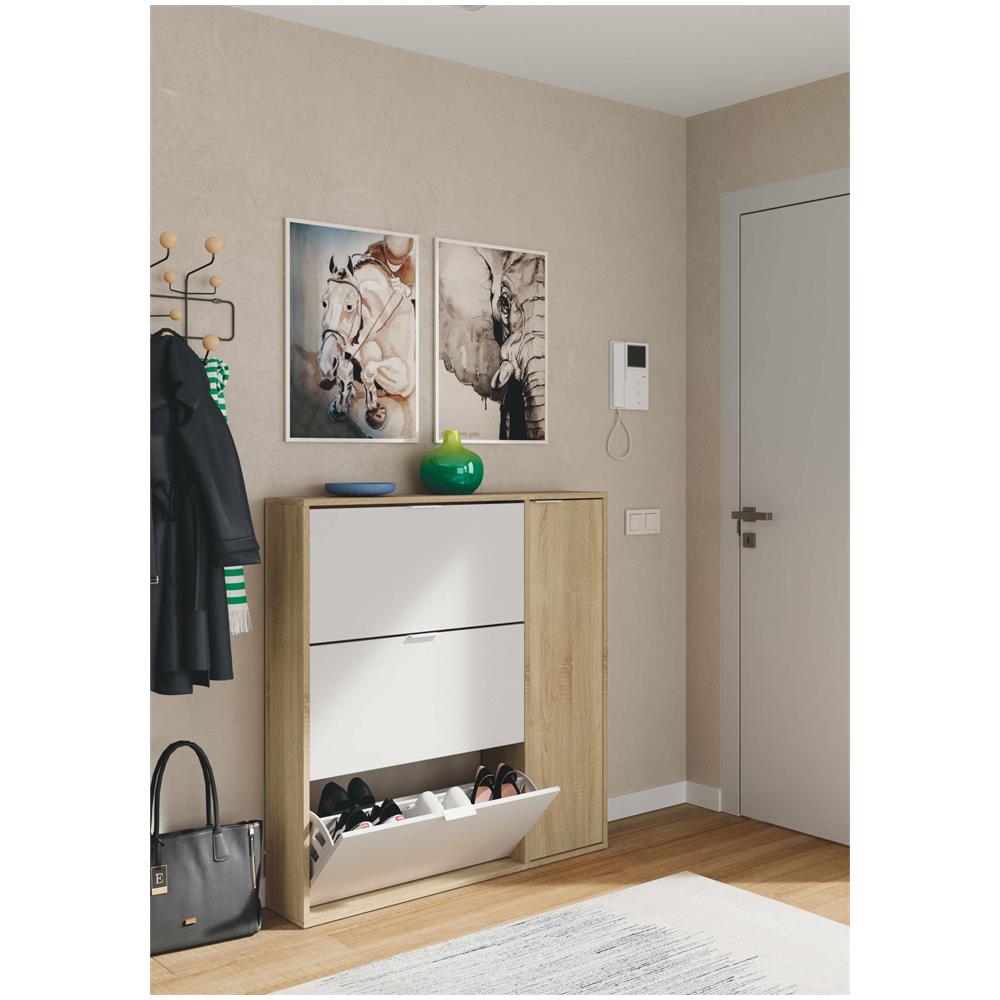 Scarpiera Provo, Armadio Portascarpe A 4 Ante, Mobile Basso Multiuso Con 5 Ripiani, Scarpiera Moderna, 106x22h115 Cm, Rovere E Bianco - Foto 4