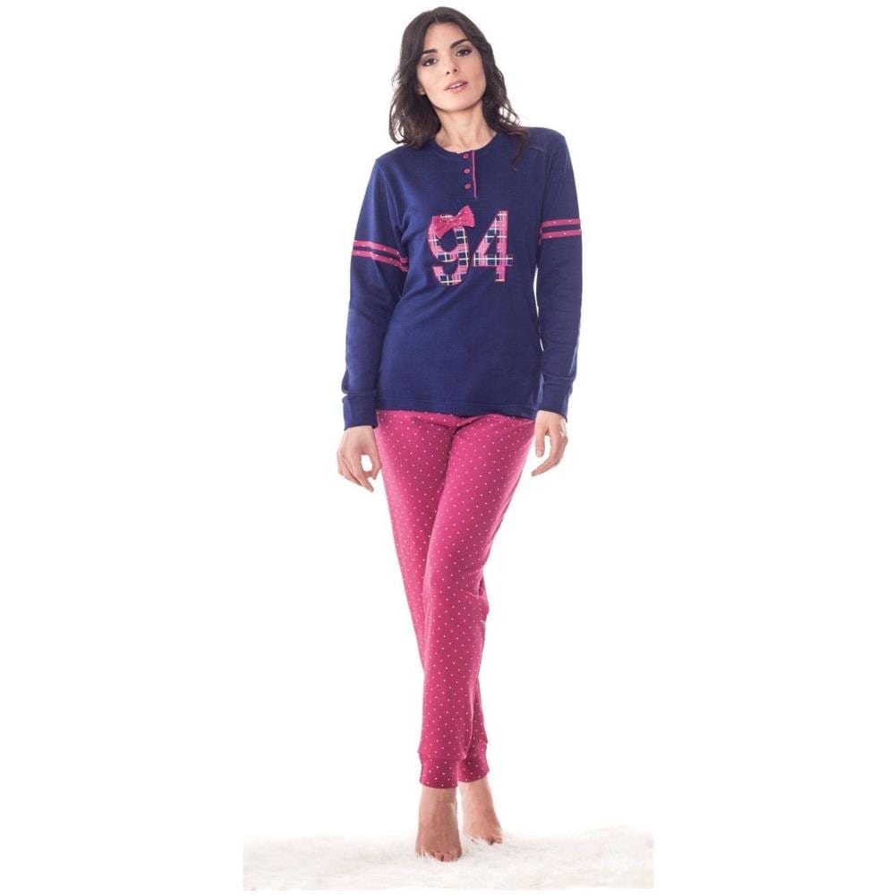 Pigiama Da Donna Ragazza In Cotone Maglia Blu E Pantalone Cherry Lungo Sd33 Tg. - 14 - 16 Anni - Foto 1
