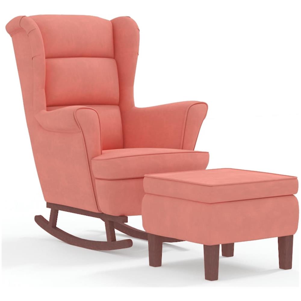 Poltrona A Dondolo Con Gambe Legno E Poggiapiedi Rosa Velluto - Foto 2