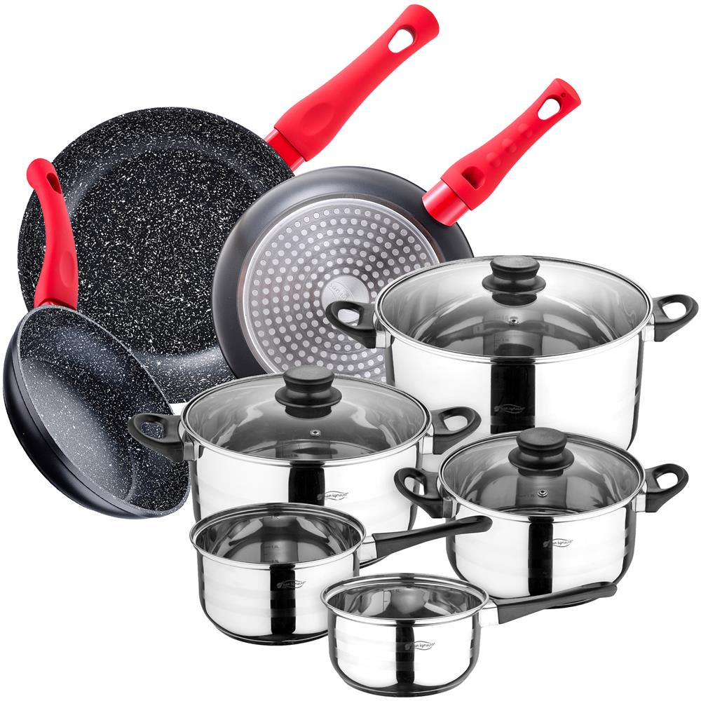 Confezione 3 Padelle Ø20/24/28 Cm, Alluminio Forgiato + Set 8 Pezzi: 5 Pezzi E 3 Coperchi In Vetro, Acciaio Inox, Induzione - Foto 1