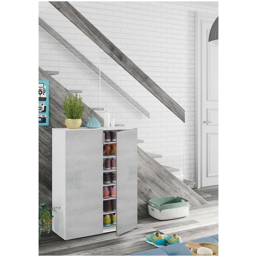 Armadio Multiuso Olathe, Mobile Ausiliario A 2 Ante, Guardaroba Basso Portascarpe Con 6 Ripiani, Scarpiera Bassa, 70x36h103 Cm, Cemento E Bianco - Foto 4