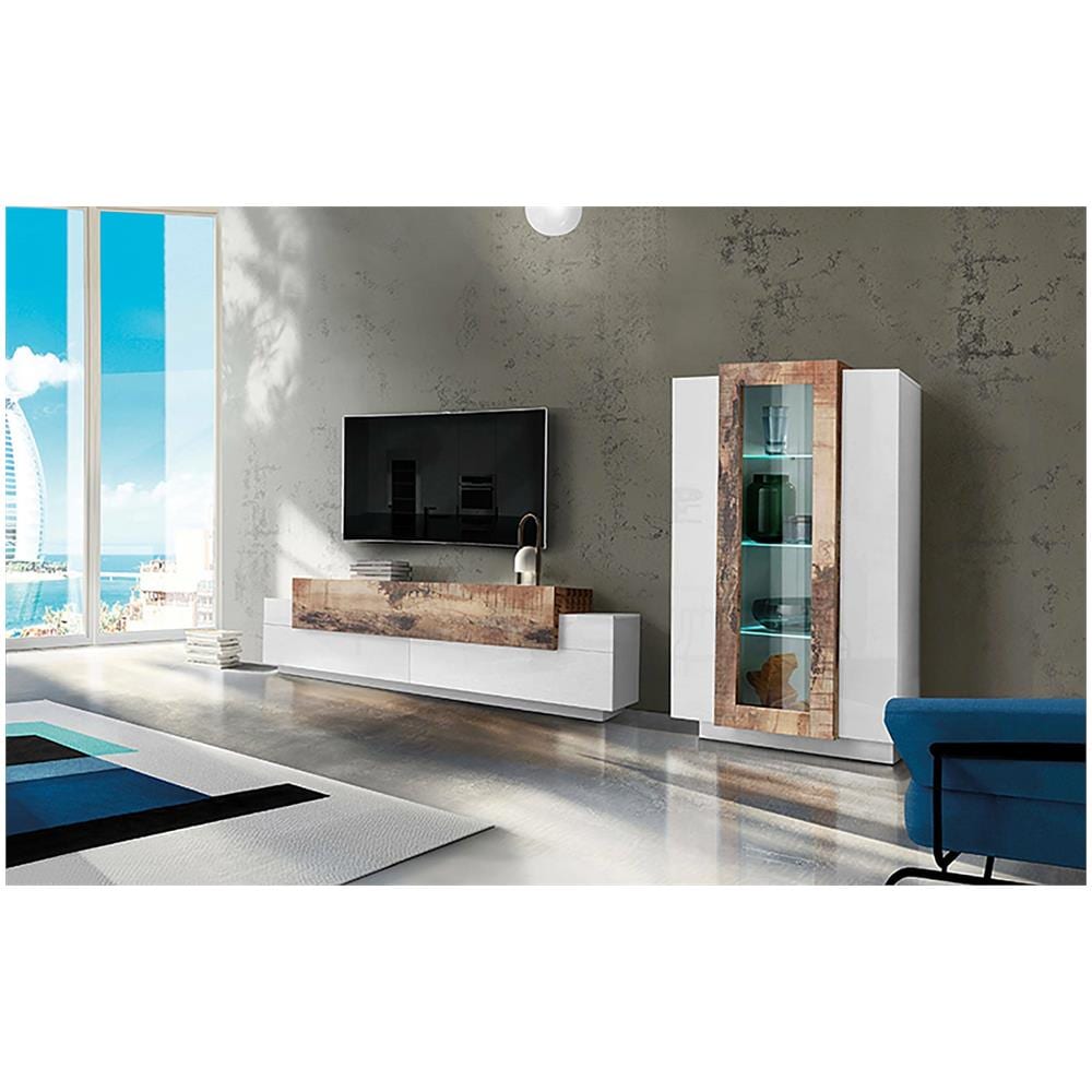 Parete Attrezzata Mirko, Set Salotto Porta Tv, Mobile Soggiorno Multiuso, 100% Made In Italy, Cm 280x45h121, Bianco Lucido E Acero - Foto 1