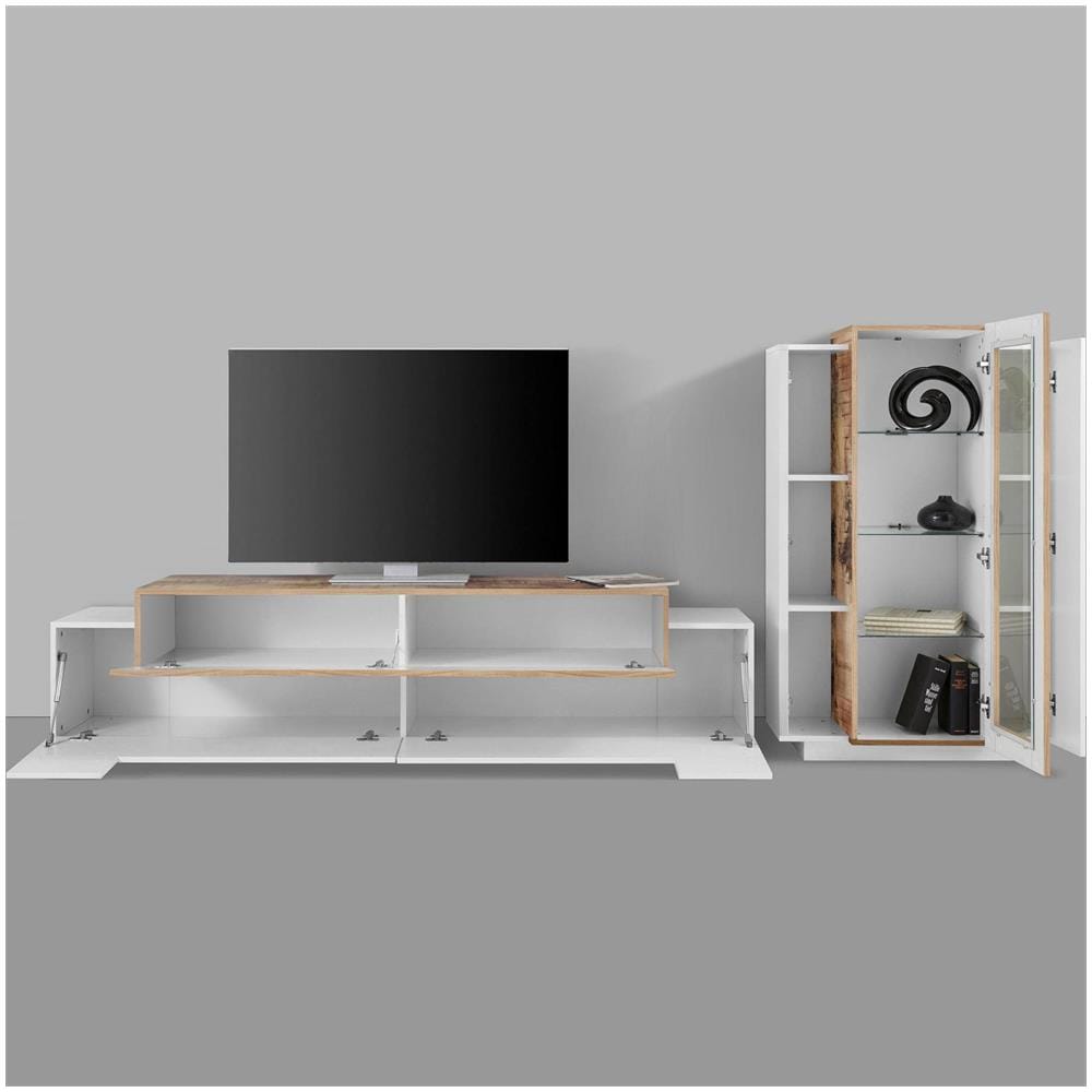 Parete Attrezzata Mirko, Set Salotto Porta Tv, Mobile Soggiorno Multiuso, 100% Made In Italy, Cm 280x45h121, Bianco Lucido E Acero - Foto 4