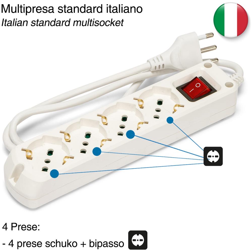Multipresa Con Interruttore Luminoso, 4 Prese Bivalenti 16a, Cavo 1,5m - Foto 2