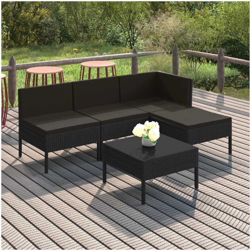 Set Divani da Giardino 5 pz con Cuscini in Polyrattan Nero - Foto 1
