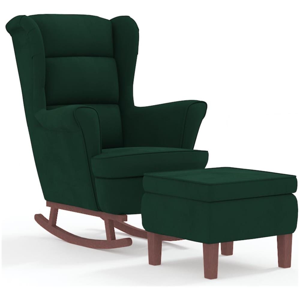 Poltrona Dondolo Gambe Legno E Poggiapiedi Verde Scuro Velluto - Foto 2