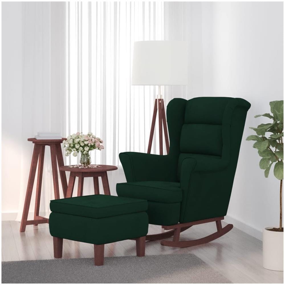 Poltrona Dondolo Gambe Legno E Poggiapiedi Verde Scuro Velluto - Foto 1