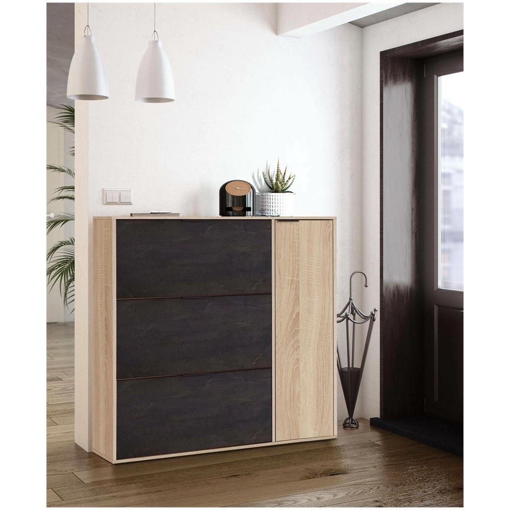 Scarpiera Provo, Armadio Portascarpe A 4 Ante, Mobile Basso Multiuso Con 5 Ripiani, Scarpiera Moderna, 106x22h115 Cm, Rovere E Nero - Foto 1