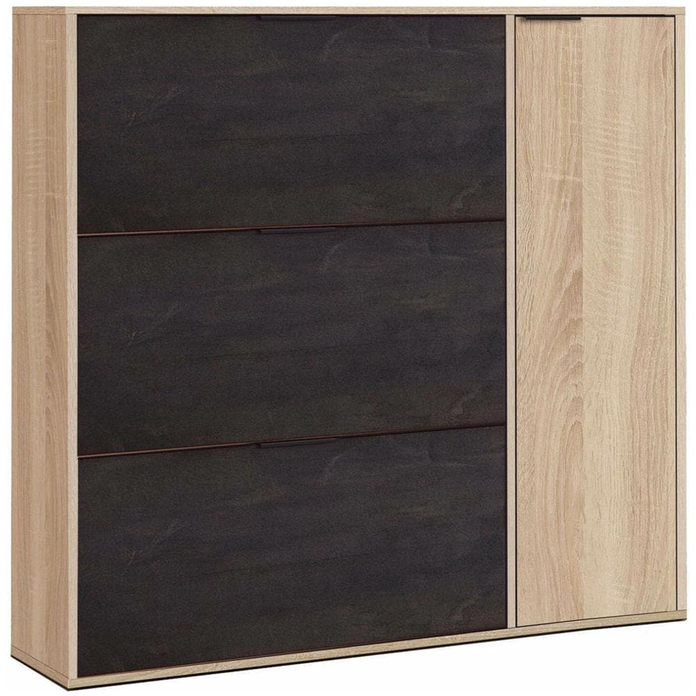 Scarpiera Provo, Armadio Portascarpe A 4 Ante, Mobile Basso Multiuso Con 5 Ripiani, Scarpiera Moderna, 106x22h115 Cm, Rovere E Nero - Foto 2