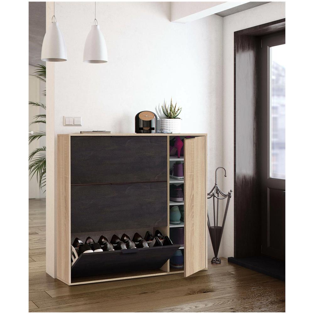 Scarpiera Provo, Armadio Portascarpe A 4 Ante, Mobile Basso Multiuso Con 5 Ripiani, Scarpiera Moderna, 106x22h115 Cm, Rovere E Nero - Foto 4