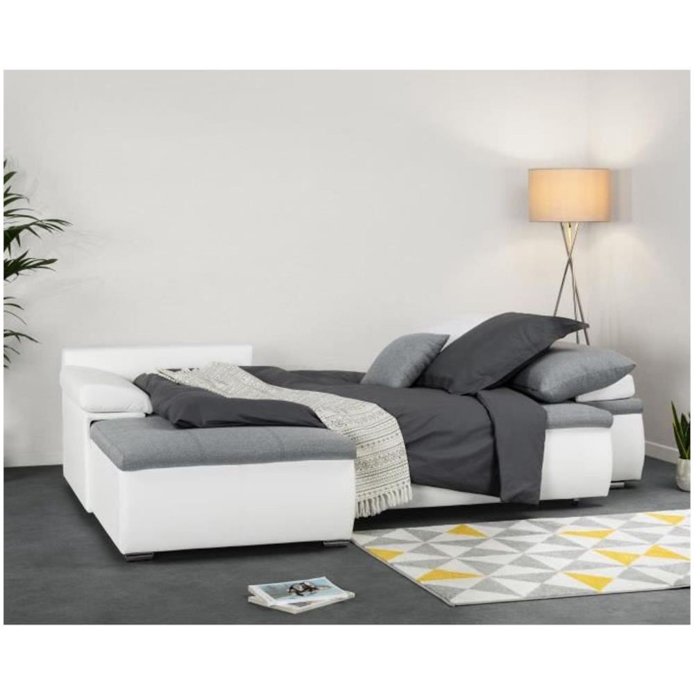 Divano Angolare Trasformabile Reversibile A 3 Posti + Box - Simil Bianco E Tessuto Grigio - 274 X 184 Cm - Foto 1