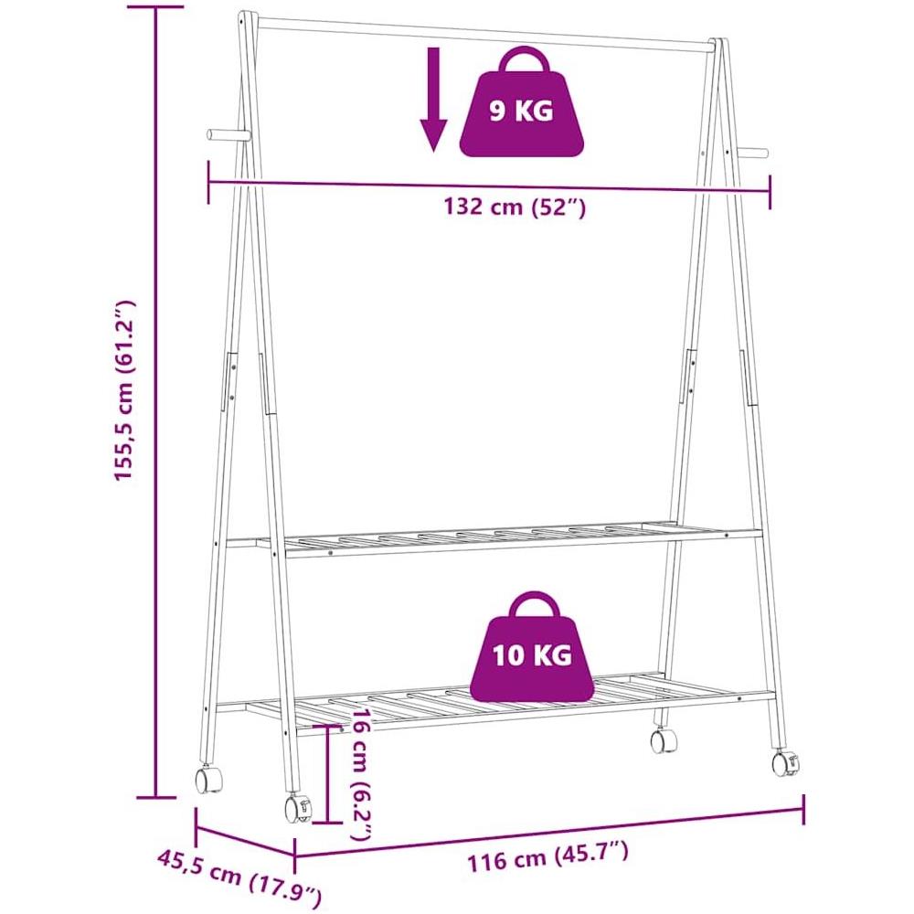 Appendiabiti con Ripiani e Ruote 132x45,5x155,5 cm in Bambù - Foto 9
