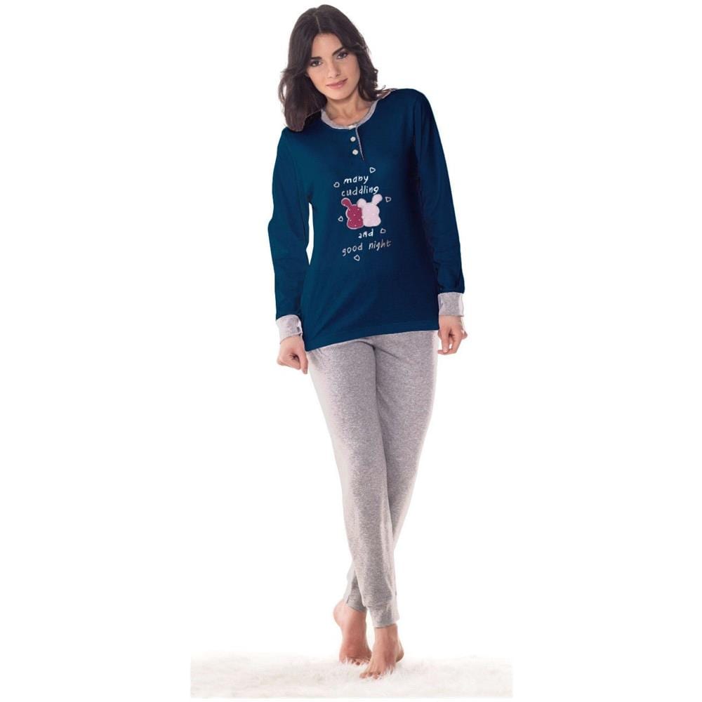 Pigiama Da Donna Ragazza In Cotone Maglia Blu Scuro E Pantalone Lunghi Grigio - S - Foto 1