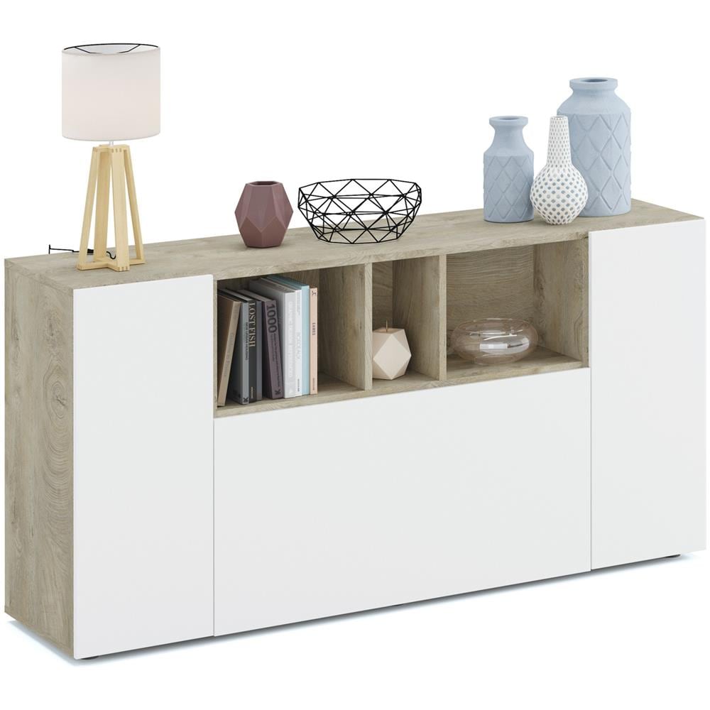 Credenza Moderna Bianca, 3 Ante Battenti, Con Vani A Giorno, Buffet Da Soggiorno Con 3 Ante Battenti, Porta Tv, Cm 150 X 76 X 41, Colore Bianco E Rovere - Foto 1