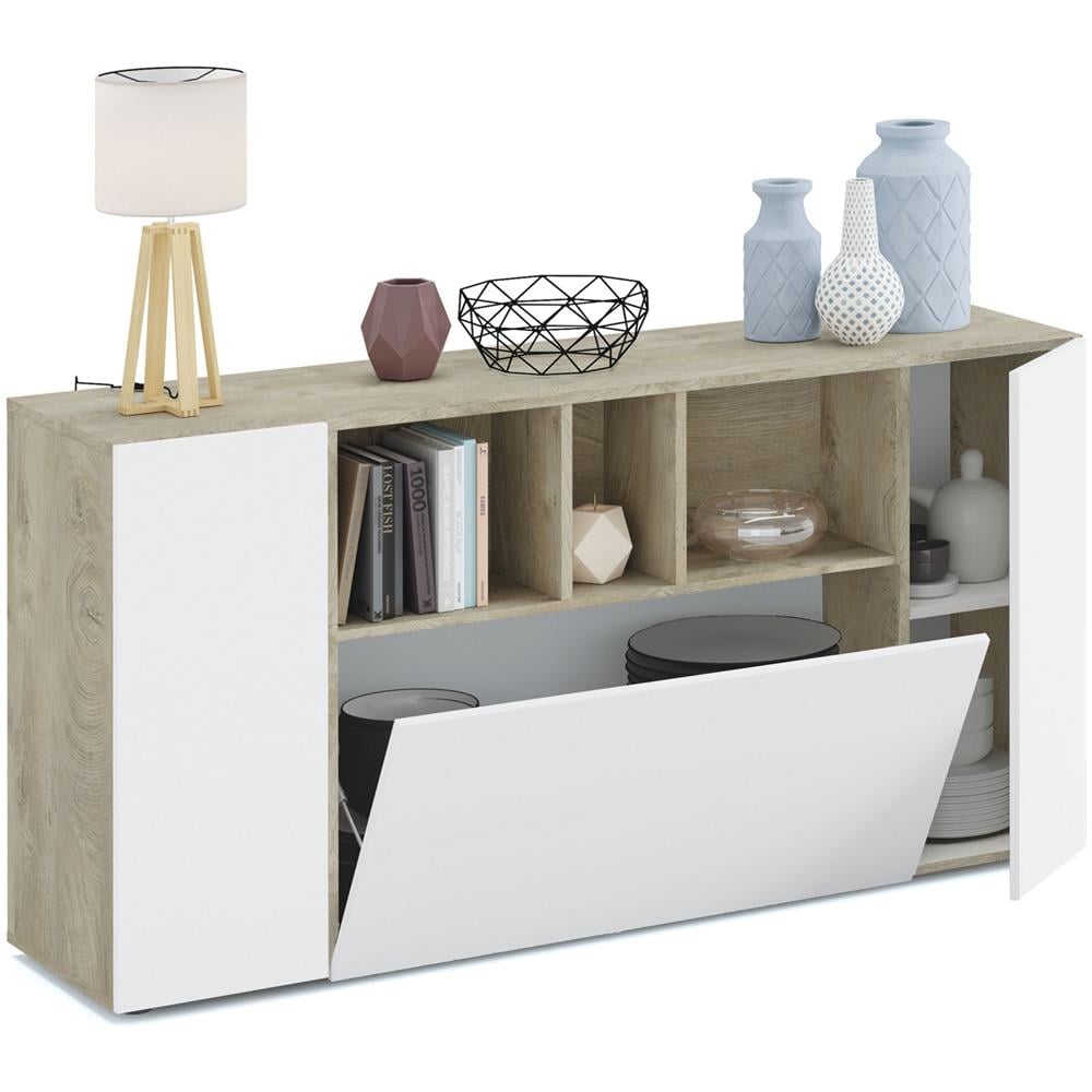 Credenza Moderna Bianca, 3 Ante Battenti, Con Vani A Giorno, Buffet Da Soggiorno Con 3 Ante Battenti, Porta Tv, Cm 150 X 76 X 41, Colore Bianco E Rovere - Foto 4