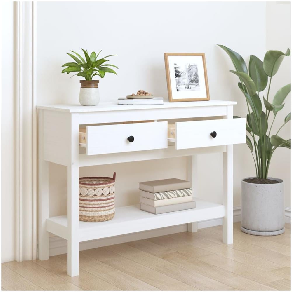 Tavolo Consolle Bianco 100x35x75 Cm In Legno Massello Di Pino - Foto 3