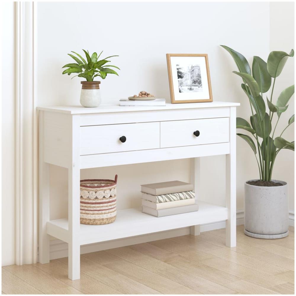 Tavolo Consolle Bianco 100x35x75 Cm In Legno Massello Di Pino - Foto 1